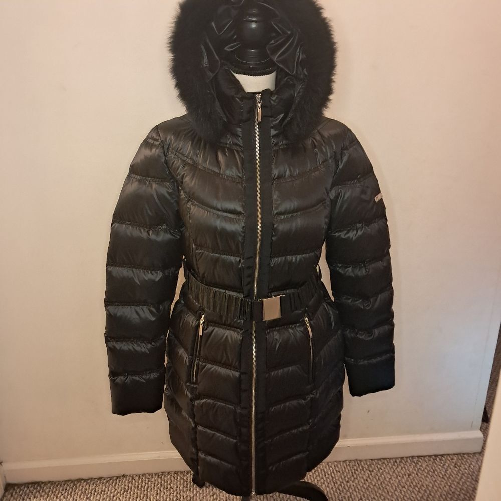 Escada Sport Coat Women's 40 US 10 Black Quilted Belted Fur Collar Winter Warm